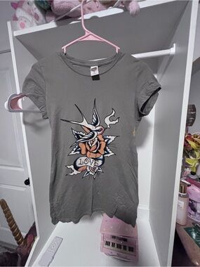 Vintage Ed Hardy Dusty Green Graphic Tee with Swallow & Rose "Love" - Size S